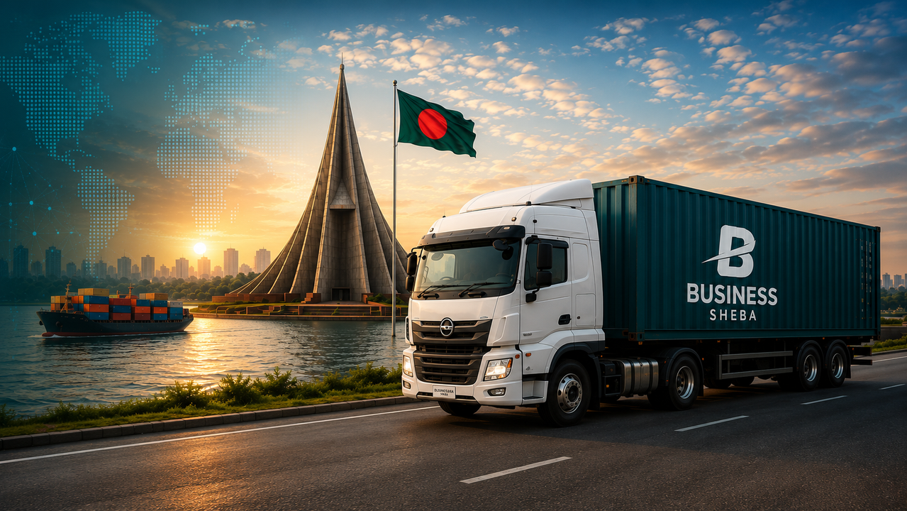 Business Sheba global trade, Bangladesh monument, cargo truck and shipping